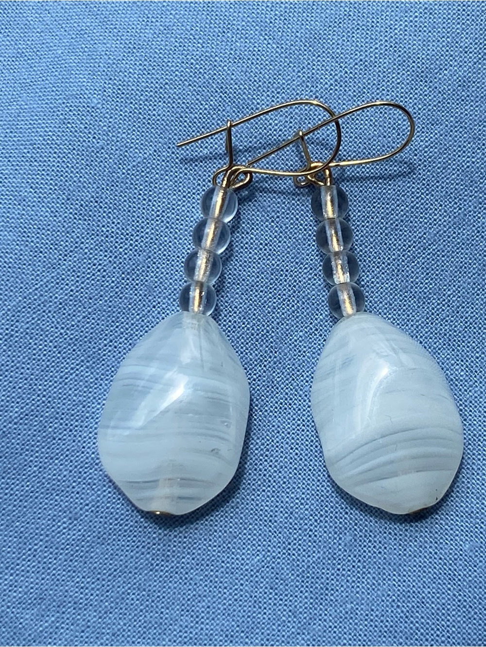 Handcrafted White Agate Glass Drop Earrings with Clear Bead Accents